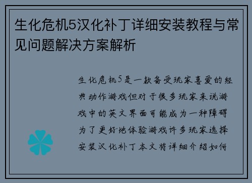 生化危机5汉化补丁详细安装教程与常见问题解决方案解析