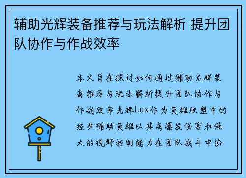 辅助光辉装备推荐与玩法解析 提升团队协作与作战效率